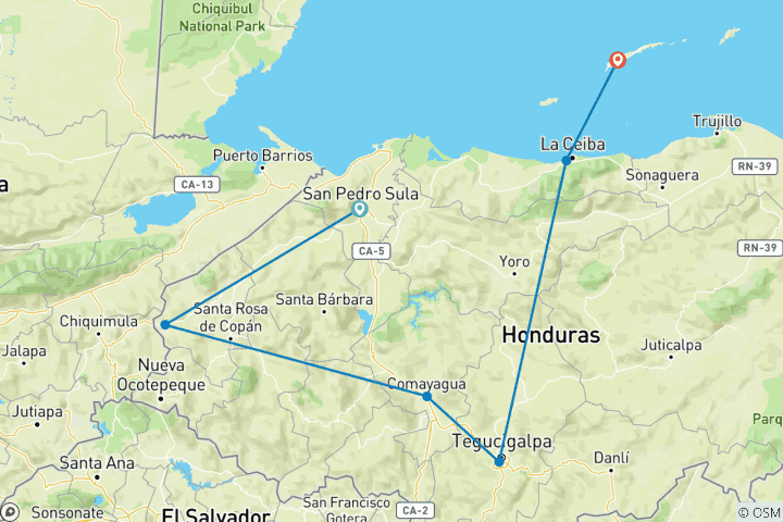 Carte du circuit Aventure personnalisée au Honduras avec départ quotidien et guide privé