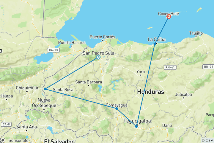 Carte du circuit Aventure personnalisée de 14 jours au Honduras, départ quotidien et guide privé