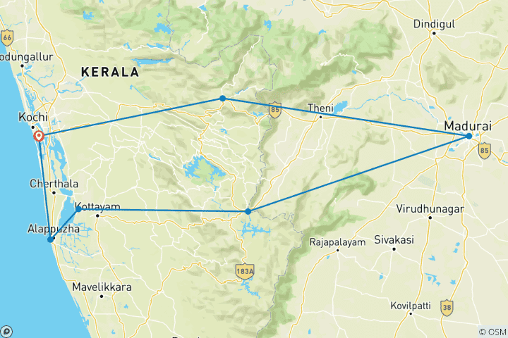 Mapa de Viaje romántico de 10 días por las playas y los remansos de Kerela