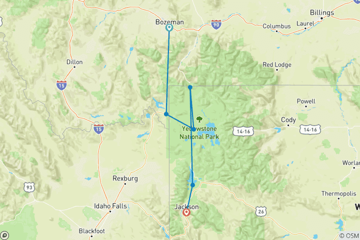 Mapa de Descubrimiento de Yellowstone - clásico, 7 días, traslado al aeropuerto de Jackson y al hotel después del viaje