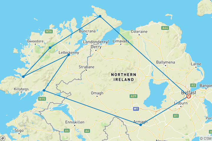 Map of Northern Ireland & County Donegal (Hotel) - 4 days