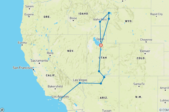 Carte du circuit De LA à SLC Utah Circuit de luxe de 6 jours 3 jours à Yellowstone