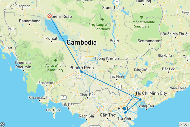 Carte du circuit Sud du Vietnam et Cambodge - 8 jours