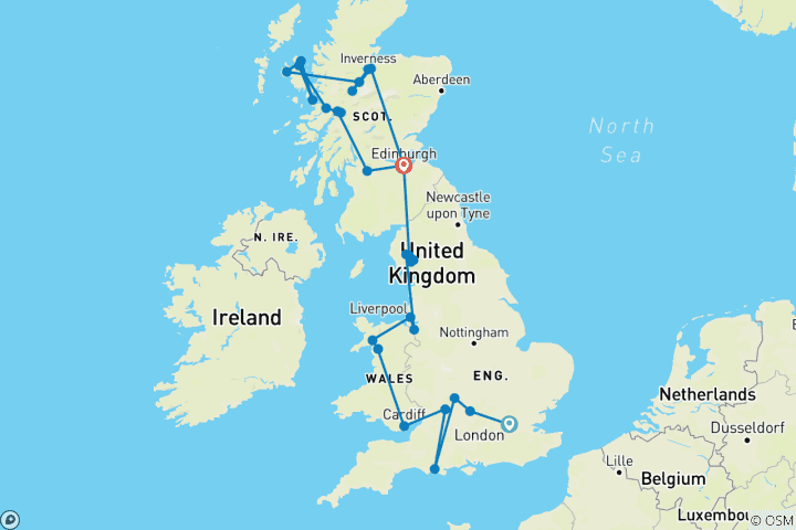 Mapa de Lo mejor de Inglaterra, Gales y Escocia (28 destinations)