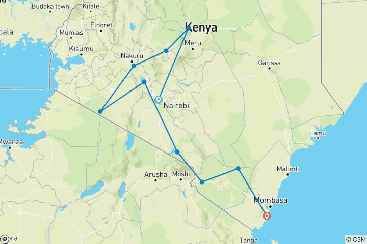 Carte du circuit Le meilleur du Kenya Durable, faune et flore, observation du gibier, patrimoine africain, arts culturels, équitation, randonnée, marche& Belles plages