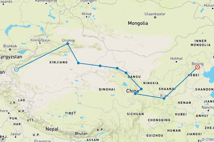 Map of China Silk Road Encompass: Kashgar to Beijing 18D