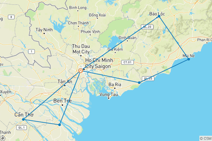 Map of Cycling Mekong Delta & Saigon Surroundings 7 Days