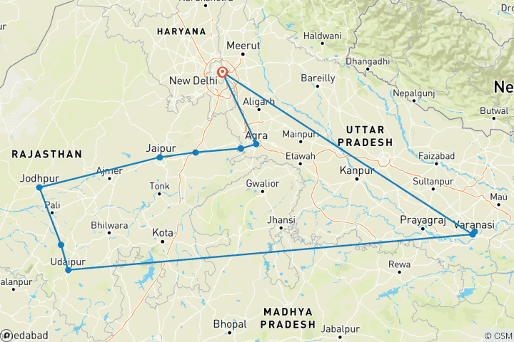 Mapa de Paquete turístico por Rajastán y Benarés