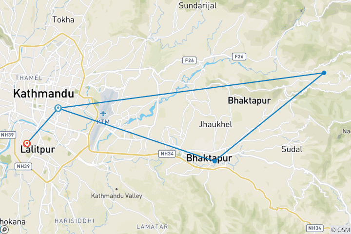 Karte von Nepal Valley Sehenswürdigkeiten und Nagarkot Sonnenaufgang Erlebnis