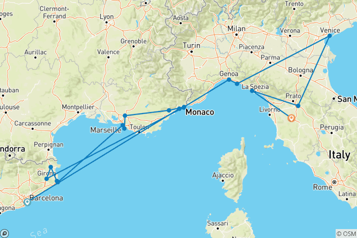 Map of Mediterranean Coastal Journey Spain, France & Italy (Barcelona to Tuscan Countryside) (2024)