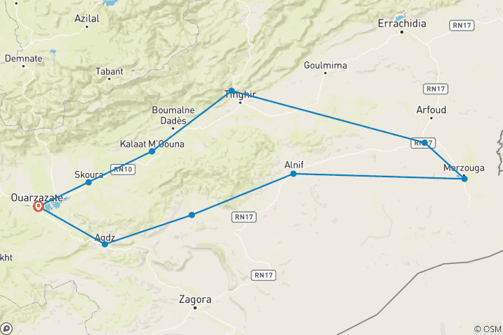 Carte du circuit 2 jours De Ouarzazate A Merzouga (Erg Chebbi)