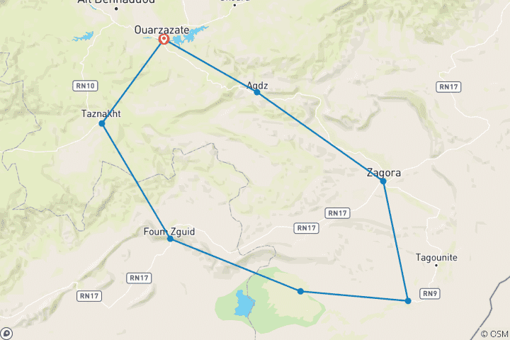 Karte von 3 Tage / 2 Nächte Ouarzazate nach Erg Chegaga Wüstenreise