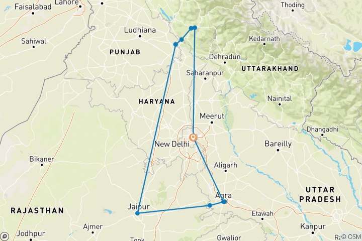 Kaart van Gouden Driehoek Rondreis door met Shimla&ritje met de speelgoedtrein