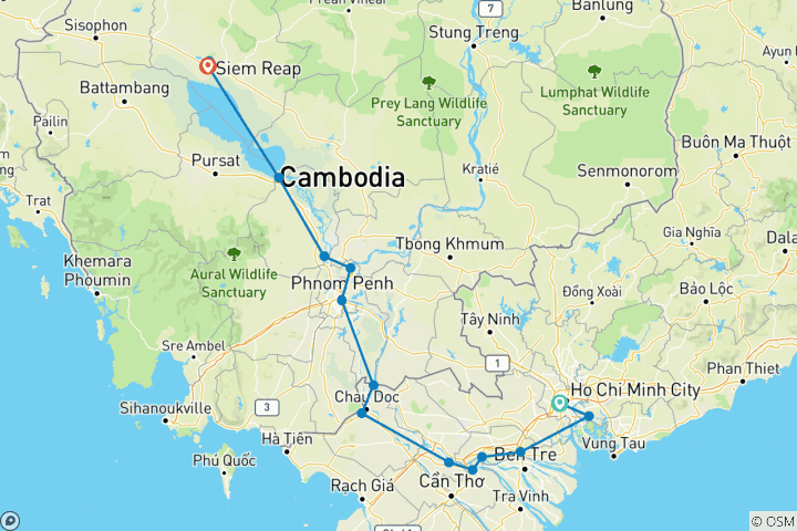 Kaart van Mekong ontdekking van Saigon naar Siem Reap