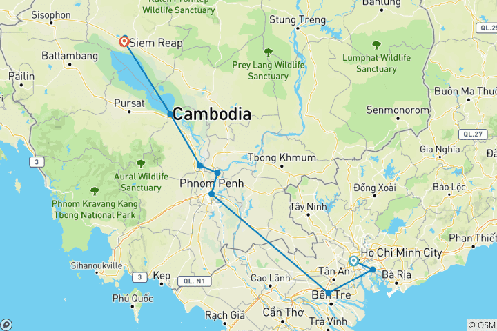 Carte du circuit Découverte du Mékong de Saigon à Siem Reap 14 jours
