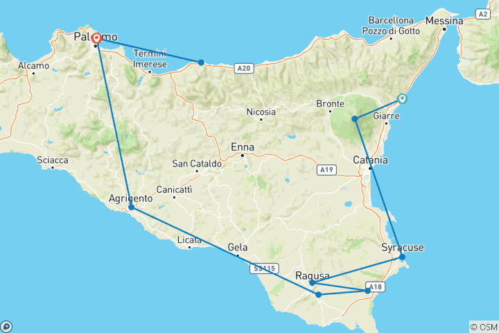 Carte du circuit Découvrez les trésors de la Sicile : Taormine, Raguse, Palerme et au- delà