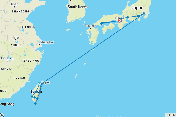 Mapa de 【Taiwán y Japón e Hiroshima】Historia destacada de Taiwán y Japón Paquete turístico de 17 días