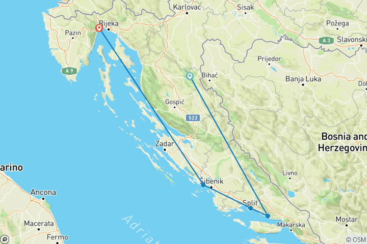 Karte von Selbstfahrer Rundreise Kroatien mit eigenem Auto 10 Tage