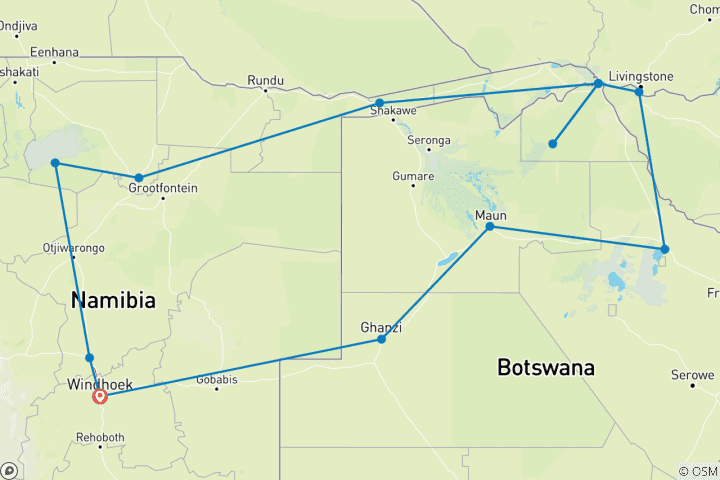 Karte von Rundreise Namibia & Botswana & Viktoriafälle (inkl Flug)