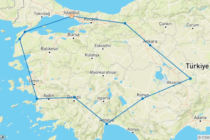 Mapa de Las maravillas de Turquía: circuito de 13 días por la Turquía clásica