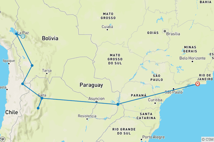 Map of La Paz to Rio via Uyuni and Iguazu (22 Days)