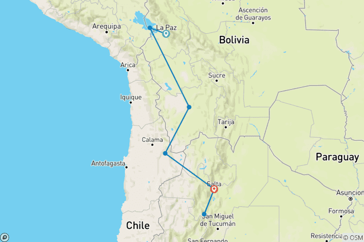 Karte von La Paz, Uyuni, San Pedro und Salta - 15 Tage