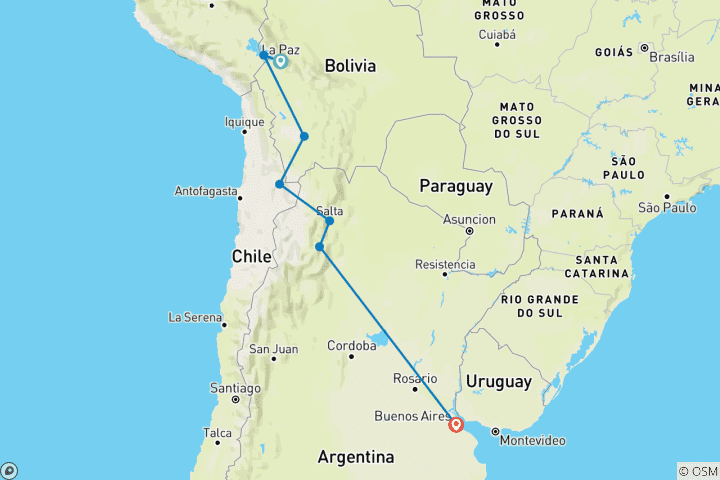 Karte von Von La Paz nach Buenos Aires mit Uyuni - 19 Tage