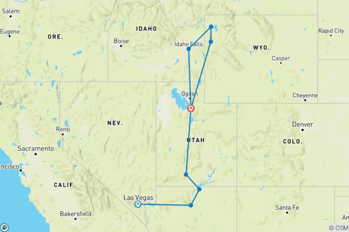 Karte von Von Vegas, Ende in SLC 5 Tage Tour: Antelope, Grand Canyon, 3 Tage Yellowstone, Bryce, Grand Teton, Horseshoe Bend, Emerald Cove Kajak