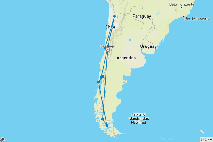 Mapa de 18 días Santiago, San Pedro de Atacama, Puerto Varas y Patagonia