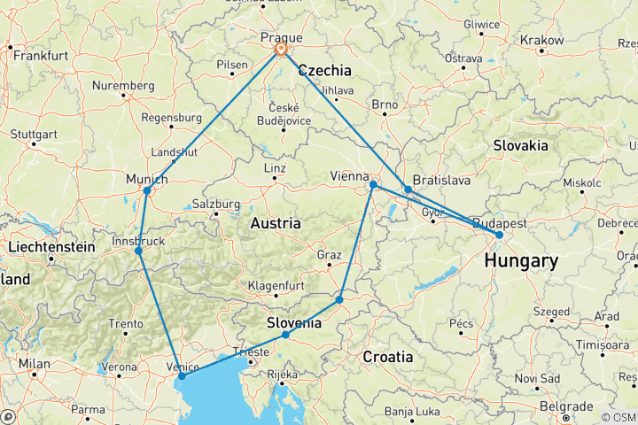 Carte du circuit Prague, Munich, Innsbruck, Salzbourg, Vienne, Budapest, Bratislava - 9 jours