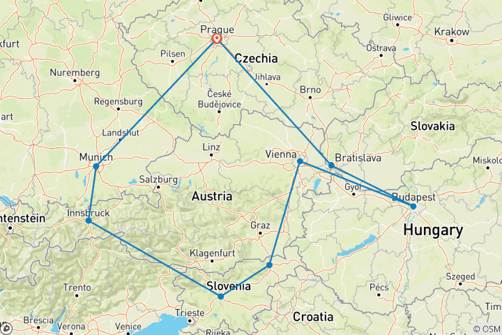 Carte du circuit Prague, Munich, Innsbruck, Salzbourg, Vienne, Budapest, Bratislava - 9 jours