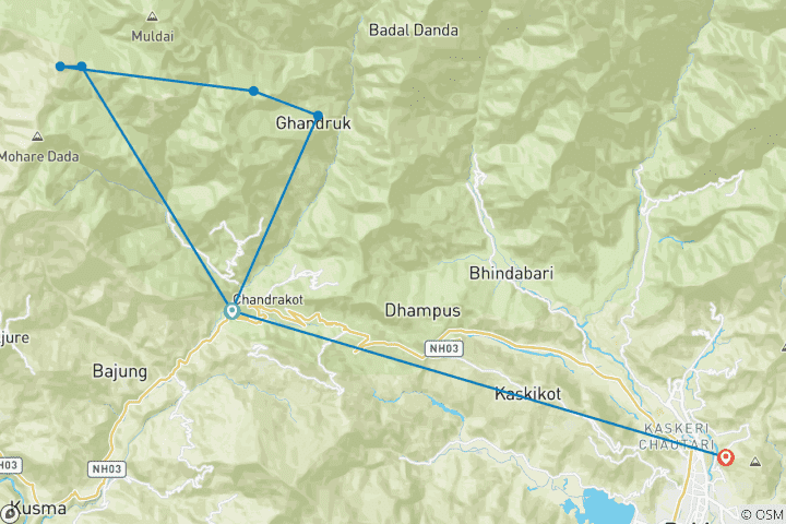 Kaart van Poonhill Ghandruk Dorpstocht van 5 dagen