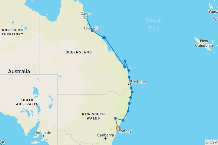 Map of East Coast Australia 19 Day Cairns to Sydney: Kookaburra Select Tour (twin/double accomm)