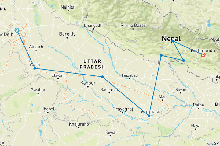 Map of India & Nepal Tour