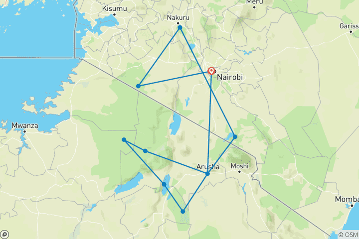 Map of Tanzania & Kenya group safaris round trip