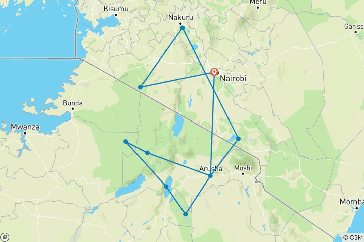 Carte du circuit Safaris en groupe en Tanzanie et au Kenya, aller-retour, 12 jours