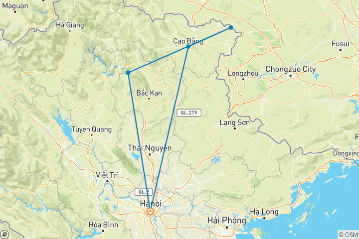 Map of Cao Bang - Ba Be National Park adventure trek 5 days 4 nights