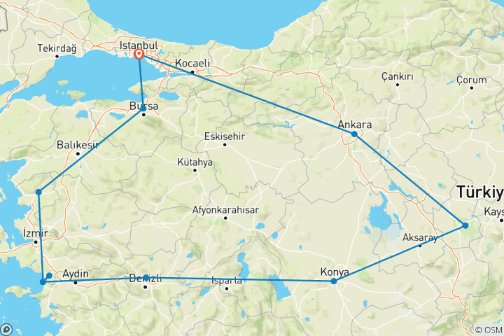 Mapa de Ruta de las siete iglesias - circuito bíblico Turquía 10 días