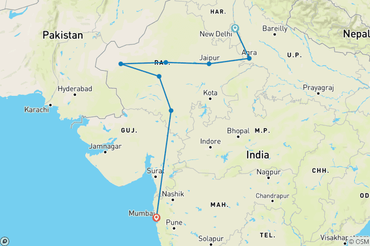 Karte von Imperial Rajasthan bis Mumbai Kleingruppenreise - 13 Tage