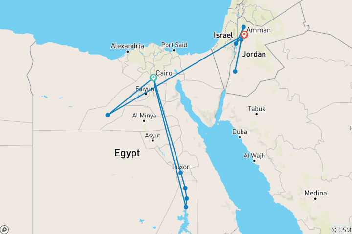 Kaart van Egypte en Jordanië: 14-daagse rondreis met Nijlcruise, Witte Woestijn, Petra en Dode Zee