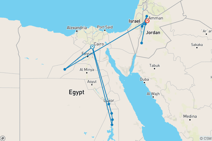Kaart van Egypte en Jordanië: 14-daagse rondreis met Nijlcruise, Witte Woestijn, Petra en Dode Zee