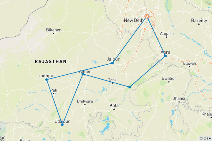 Kaart van De Taj Mahal & Rajasthan – met koninklijk verblijf in kastelen