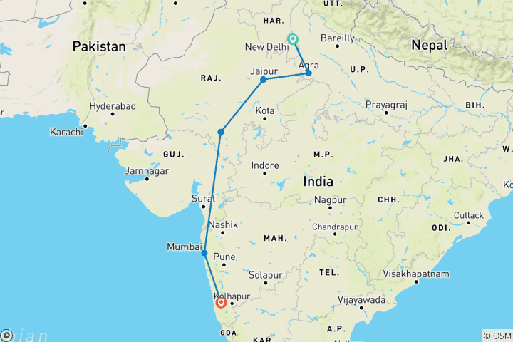 Map of Incredible Golden Triangle tour with Udaipur, Mumbai & Goa