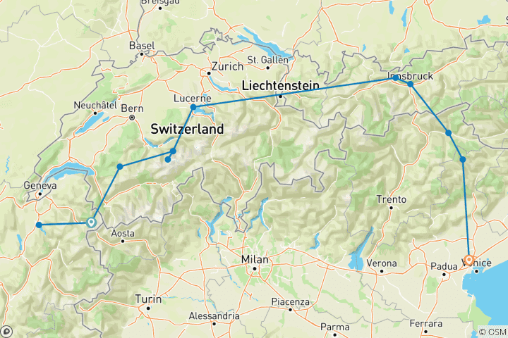 Map of Peaks of Europe: The Alps to The Dolomites featuring France, Switzerland, Liechtenstein, Austria, and Italy (Chamonix to Mogliano Veneto) (2024)