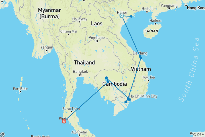 Map of Highlights of Vietnam, Cambodia and Thailand in 15 Days