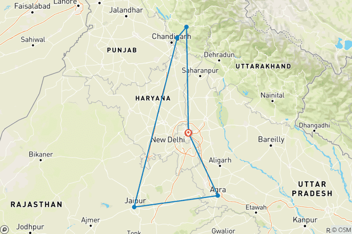 Map of Golden Triangle Tour with Shimla (Toy Train Ride)