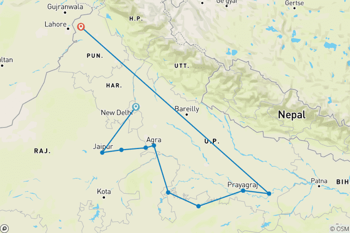 Mapa de Cuerpo, mente y Alma - triángulo de oro con Benarés y Amritsar