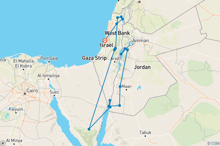 Kaart van Jordanië & Israël – culturele kruispunten – van Amman naar Tel Aviv