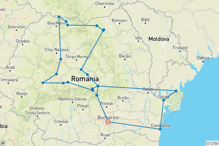 Map of 10 Day Romania Tour: Danube Delta, Maramures, Bucovina and Transylvania