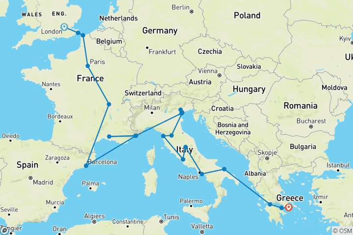 Map of London to Athens (Standard, Start London, 17 Days)